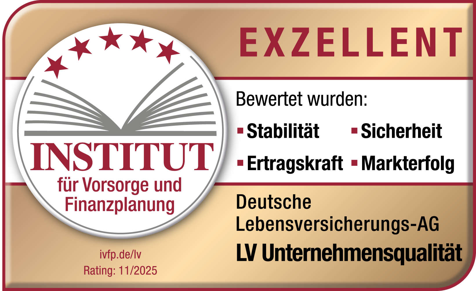Das Siegel des Instituts für Vorsorge und Finanzplanung zeichnet die Deutsche Lebensversicherungs-AG mit dem Gesamturteil "Exzellent" bei der LV-Unternehmensqualität aus. Bewertet wurden die Kategorien Stabilität, Ertragskraft und Markterfolg. Das Rating ist zu finden auf der ivfp.de/lv und stammt von 11/2025.