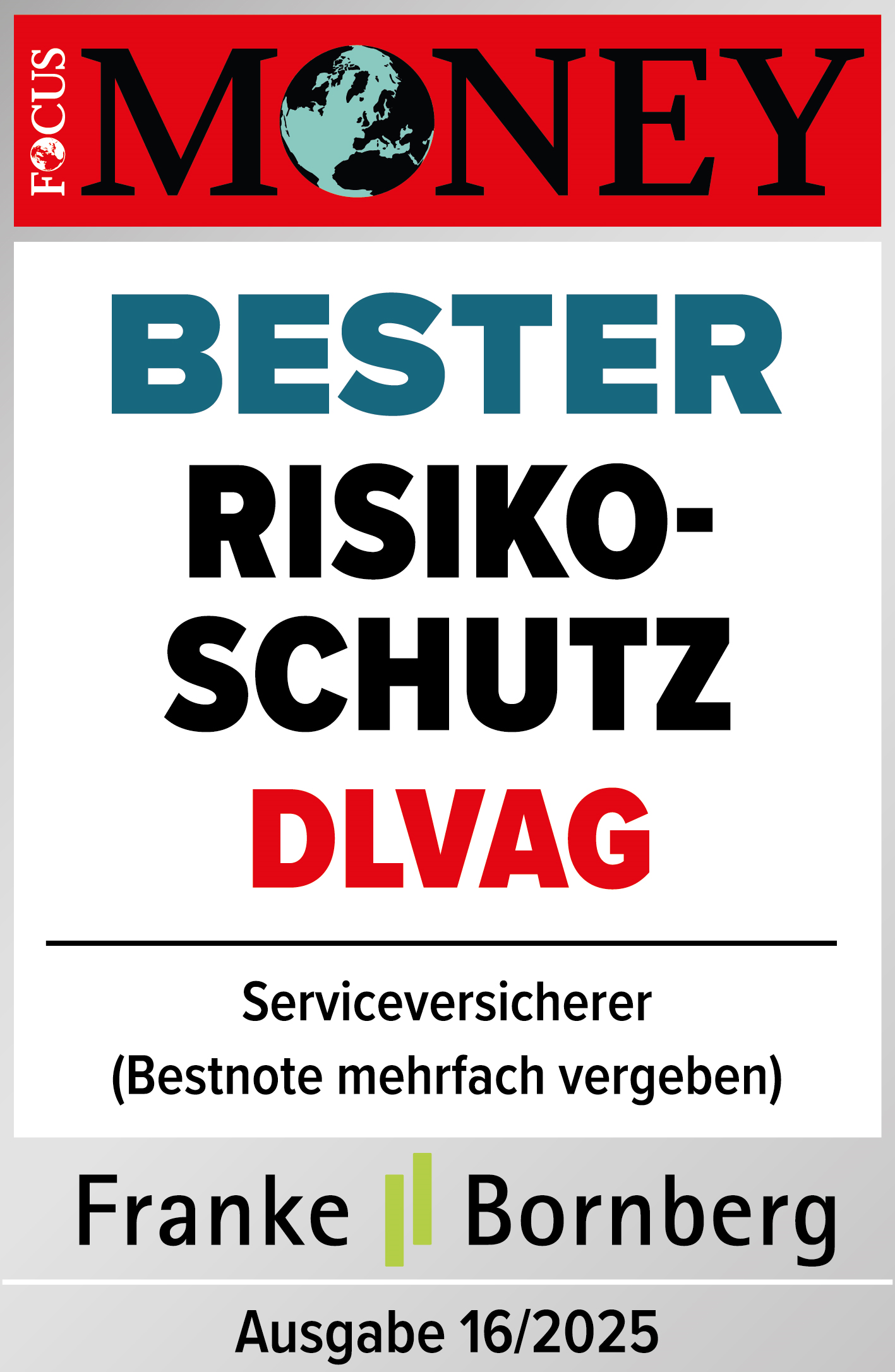 Die RisikoLebensversicherung Basis der Deutschen Lebensversicherungs-AG wurde von FOCUS-MONEY in der Ausgabe 16/2025 als „Bester Risikoschutz“ unter Serviceversicherern ausgezeichnet. Die Bestnote wurde mehrfach vergeben.