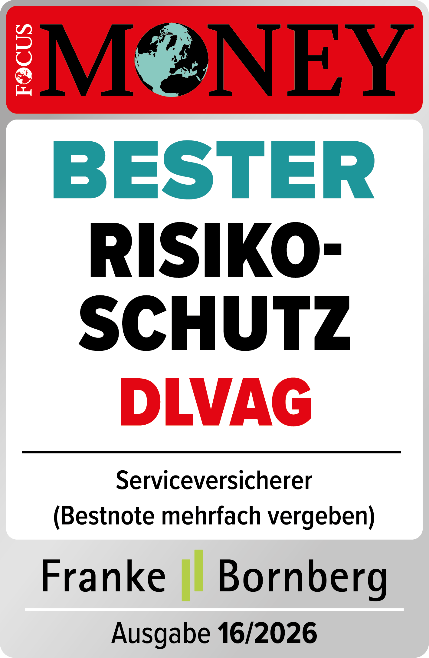 Die RisikoLebensversicherung Basis der Deutschen Lebensversicherungs-AG wurde von FOCUS-MONEY in der Ausgabe 16/2026 als „Bester Risikoschutz“ unter Serviceversicherern ausgezeichnet. Die Bestnote wurde mehrfach vergeben.