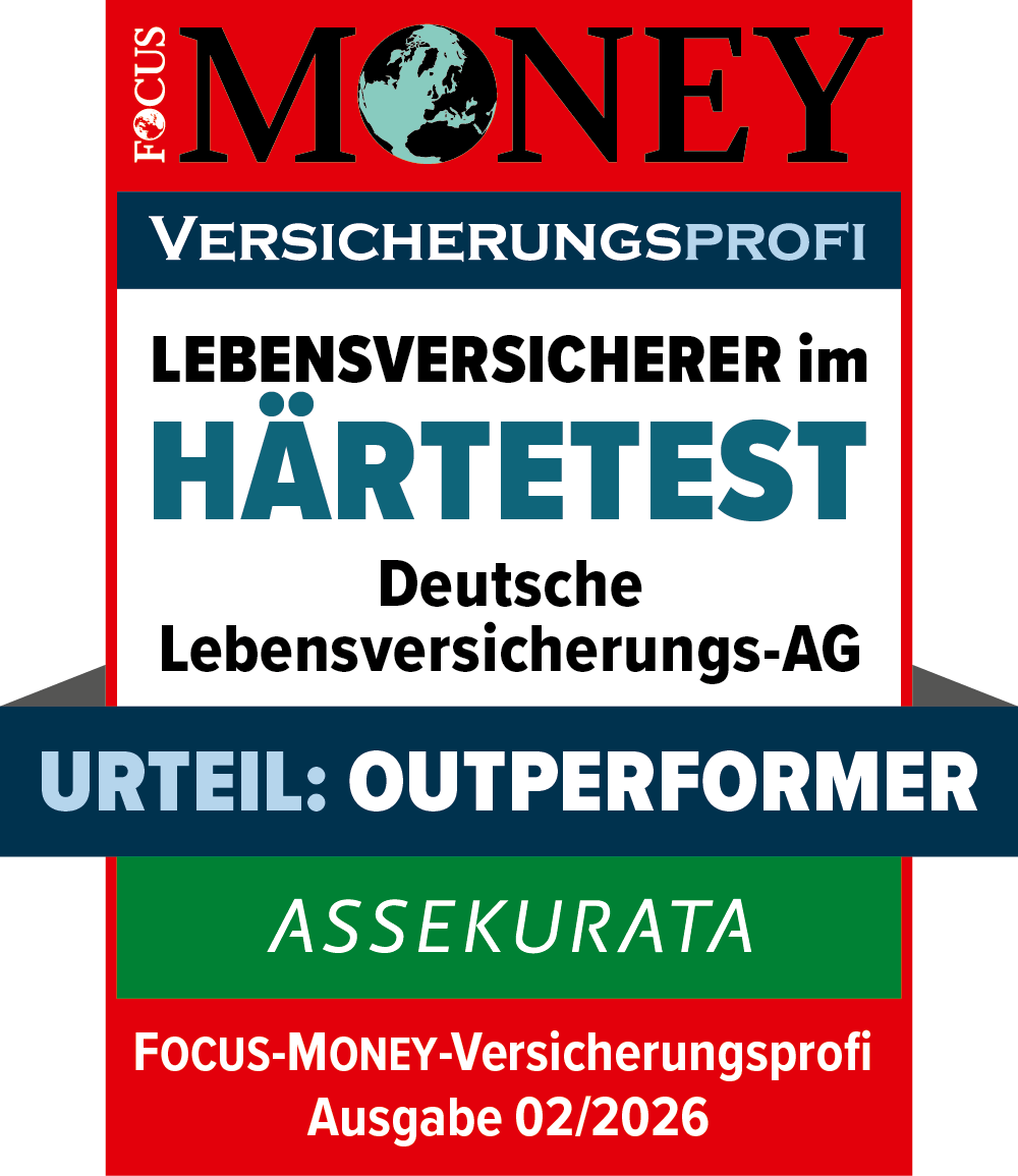 Das Siegel stammt von Focus Money und trägt die Überschrift "Lebensversicherer im Härtetest". Ausgezeichnet wurde die Deutsche Lebensversicherungs-AG. Das Urteil lautet Outperformer. Die Bewertung erfolgte durch Assekurata. Veröffentlicht wurde das Siegel in der Ausgabe 02/2025.